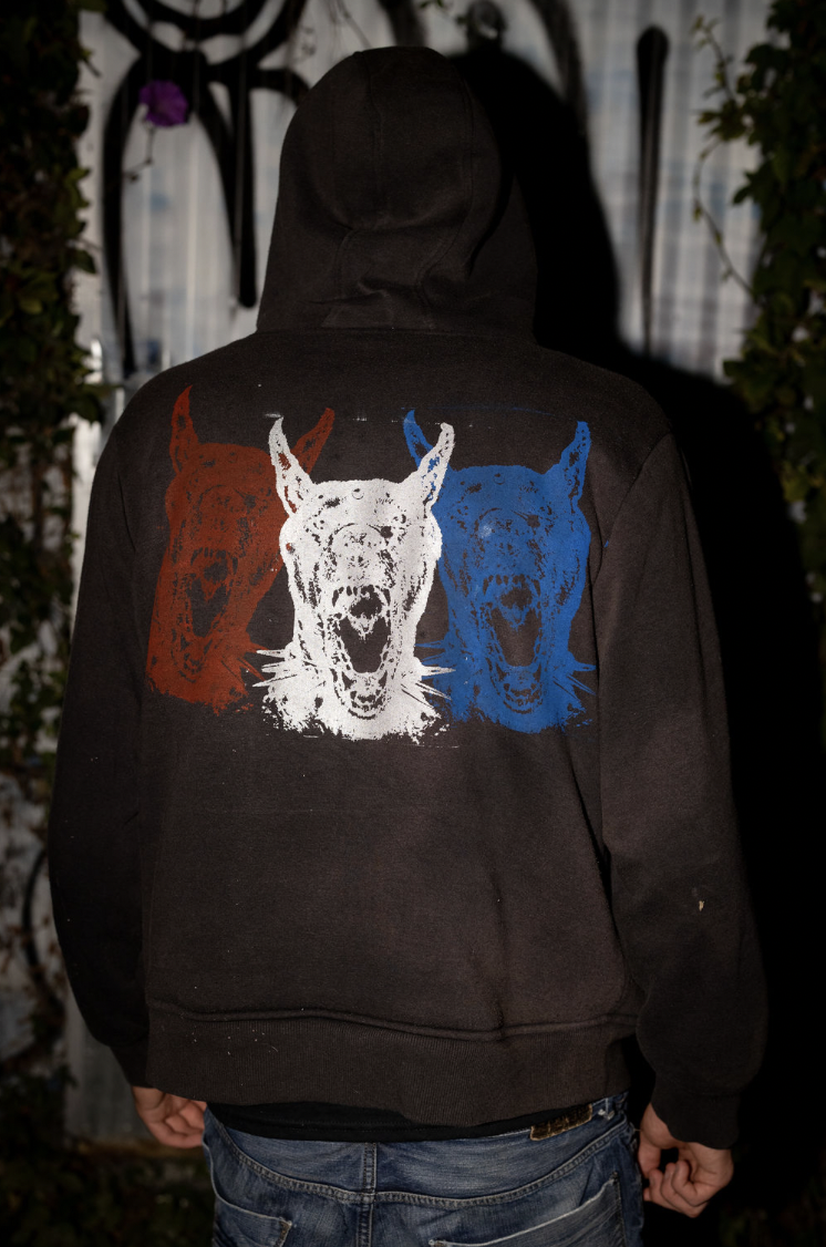 Smack Clothing black hoodie with three animal heads printed on back